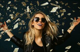 AI generated young blonde brunette woman posing with sunglasses in a black leather jacket photo