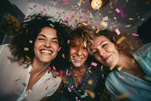 ai generado De las mujeres amigos fiesta a hogar con papel picado. foto