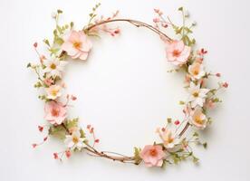 AI generated a circle wreath of pink and peach flowers, photo