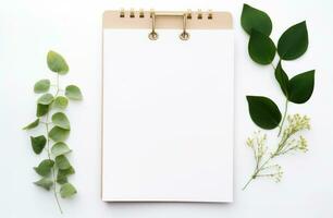 AI generated white background with empty notepad and green leaves around a white background photo