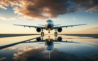 ai generado el avión en el pista tomando apagado, foto