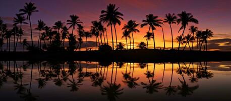 ai generado puesta de sol con reflexión de palma arboles foto