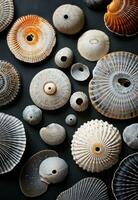 AI generated textured shells on a table are on a grey surface photo