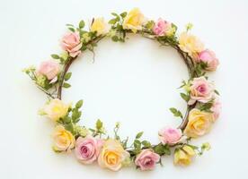 AI generated pink rose wreath with leaves photo