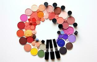 AI generated various makeup products is shown in a circle on a white background, photo