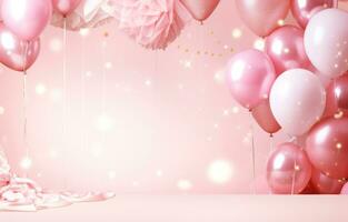 AI generated pink and gold balloons, straw straws and hearts photo