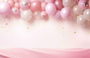AI generated pink and gold balloons, straw straws and hearts photo
