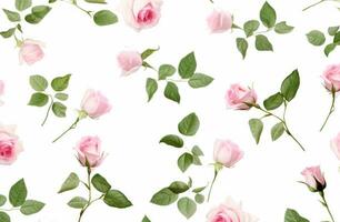 ai generado rosado rosas y hojas en un blanco fondo, foto