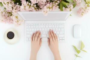 ai generado persona mecanografía en un teclado en un blanco mesa foto