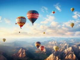 AI generated people are flying hot air balloons over mountains photo