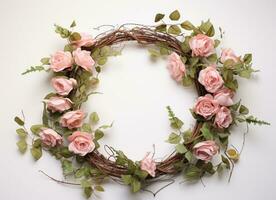 AI generated pink rose wreath with leaves photo