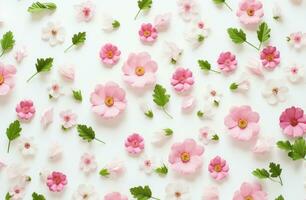 AI generated lots of pink flowers and leaves on a white surface photo