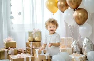 ai generado niño cumpleaños fiesta con regalos para niños y uno cumpleaños pastel para el mamá, foto