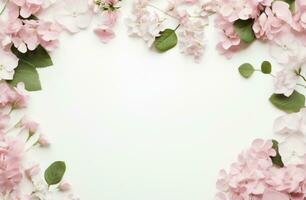 AI generated lots of pink flowers and leaves on a white surface photo