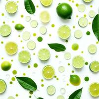 AI generated green and white leaves with slices of lime on the background photo