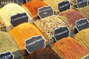 various Spices and Herbs at egyptian bazar in turkey photo