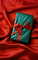 AI generated a gift box in the shape of a ribbon is on a red and black silk background photo