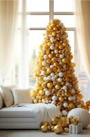 AI generated gold disco balls on a white christmas tree photo