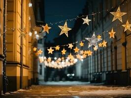 AI generated christmas decorations and star lights on a side street photo