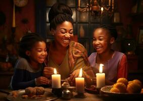 AI generated mother and daughters around the candle in their kitchen photo