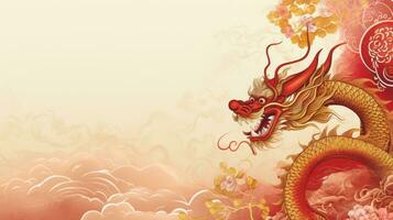 AI generated Chinese holiday background with dragon, dark red and gold, large copyspace area photo