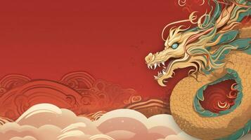 AI generated Chinese holiday background with dragon, dark red and gold, large copyspace area photo