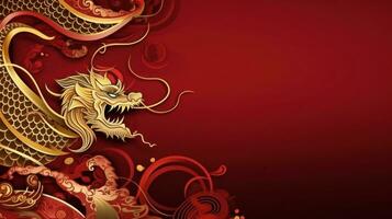 AI generated Chinese holiday background with dragon, dark red and gold, large copyspace area photo