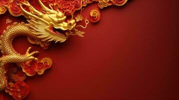 AI generated Chinese holiday background with dragon, dark red and gold, large copyspace area photo