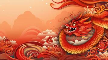 AI generated Chinese holiday background with dragon, dark red and gold, large copyspace area photo