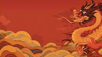 AI generated Chinese holiday background with dragon, dark red and gold, large copyspace area photo