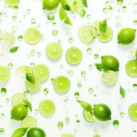 AI generated green and white leaves with slices of lime on the background photo