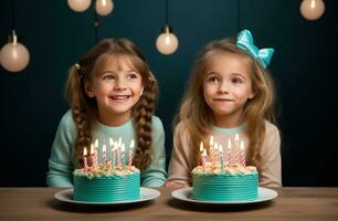 AI generated girls celebrating birthday on table with cake and candles for kids photo