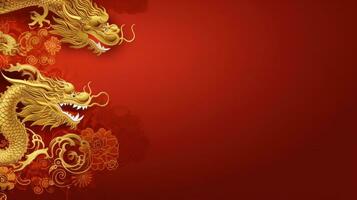 AI generated Chinese holiday background with dragon, dark red and gold, large copyspace area photo