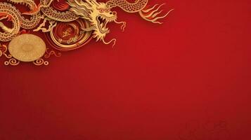 AI generated Chinese holiday background with dragon, dark red and gold, large copyspace area photo