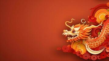AI generated Chinese holiday background with dragon, dark red and gold, large copyspace area photo