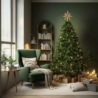 AI generated a family room with a small christmas tree and a green chair photo