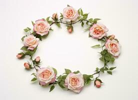 ai generado un floral guirnalda con rosado rosas y verde hojas en blanco antecedentes foto