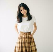 AI generated woman wearing white top and tanned plaid skirt photo
