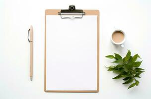 AI generated a clipboard with paper and accessories on top a white surface photo