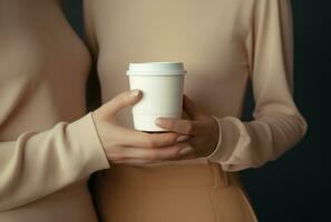 AI generated a coffee cup stacked in the hands of two women photo