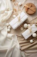 AI generated wrapping gifts and decorative elements on a beige background photo