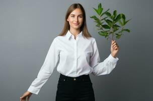 AI generated woman holding pine branch in the hand, photo