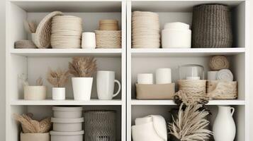 AI generated white shelves contain several containers or storage boxes in different shades photo