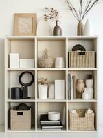 AI generated white shelves contain several containers or storage boxes in different shades photo