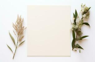 ai generado un beige blanco tarjeta con plantas en un blanco antecedentes foto