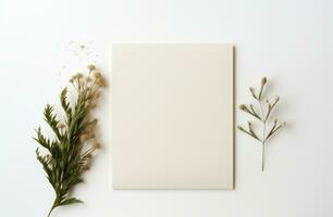 ai generado un beige blanco tarjeta con plantas en un blanco antecedentes foto