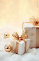 AI generated white christmas decorations and present packaging with ribbon on beige background photo