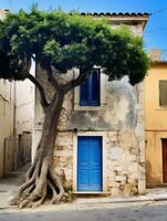 ai generado pequeño antiguo Roca casa con azul puerta y grande árbol en Génova foto