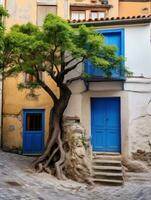 AI generated small old stone house with blue door and large tree in genoa photo