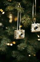 AI generated the golden ornaments hanging from a christmas tree photo